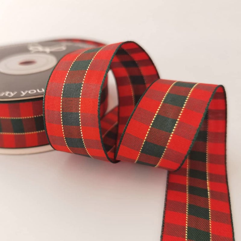 Micomon شريط Micomon X'Mas Gingham Ribbon أخضر أحمر معدني شريط Gingham بطول 25 ياردة لكل لفة 100% بوليستر (1 بوصة"، أحمر أخضر ذهبي) - Image 5